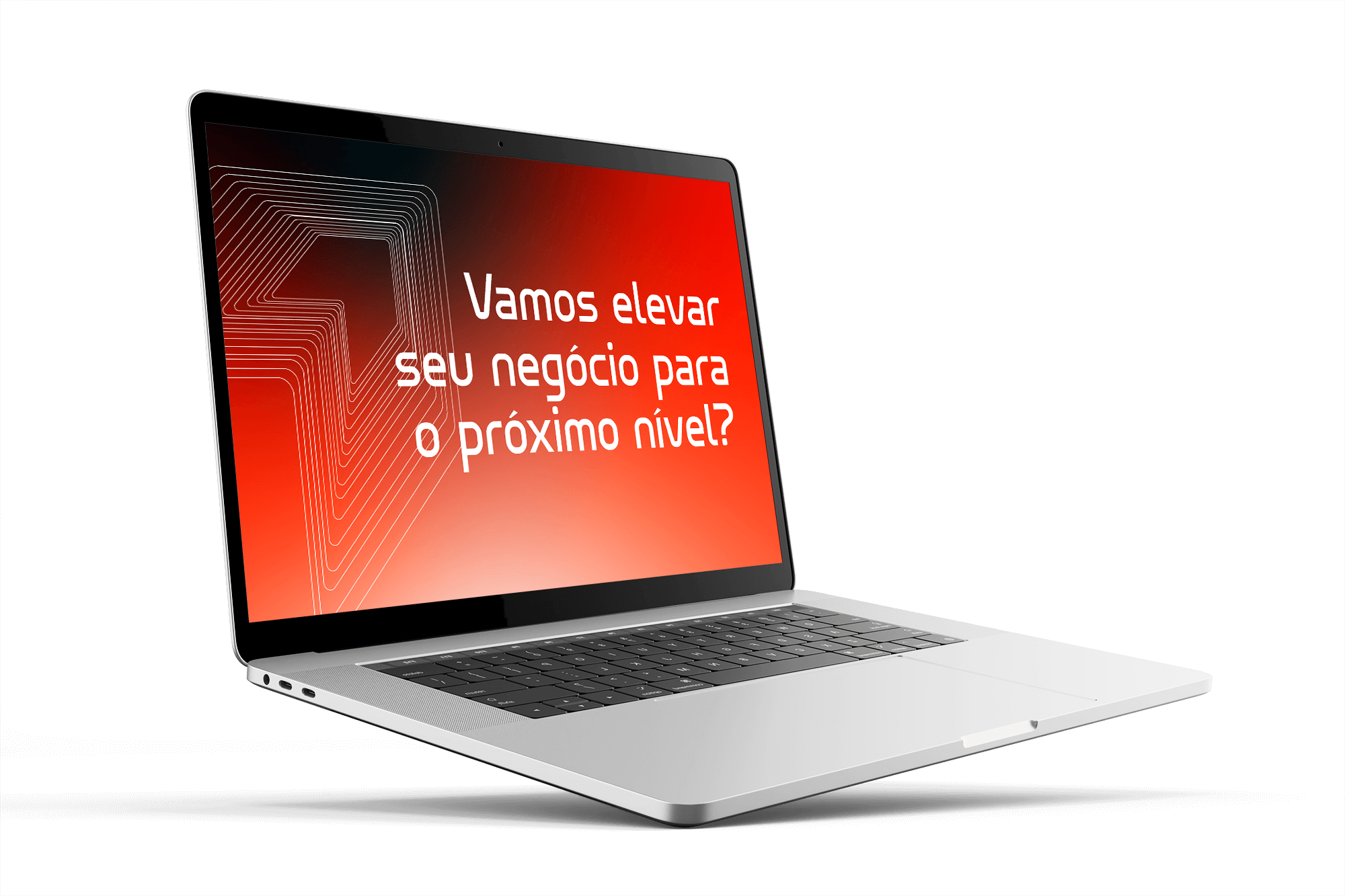 Mockup de notebook com a frase "Vamos elevar seu negócio para o próximo nível?" na tela